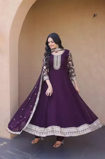 wine faux georgette embroidered anarkali suit with dupatta