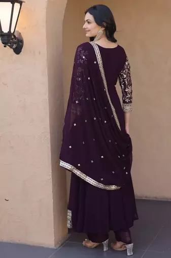 wine faux georgette embroidered anarkali suit with dupatta