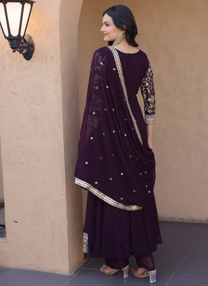 wine faux georgette embroidered anarkali suit with dupatta