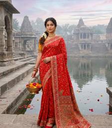 Red Color Embroidery Weaving Flower Border With Dori Piping Fitting Pashmina Silk Saree