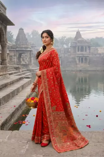 Red Color Embroidery Weaving Flower Border With Dori Piping Fitting Pashmina Silk Saree