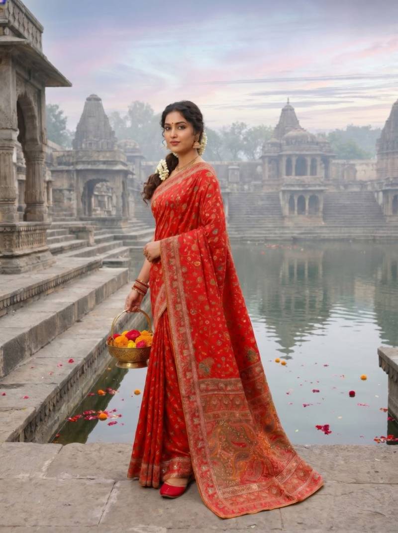 Red Color Embroidery Weaving Flower Border With Dori Piping Fitting Pashmina Silk Saree