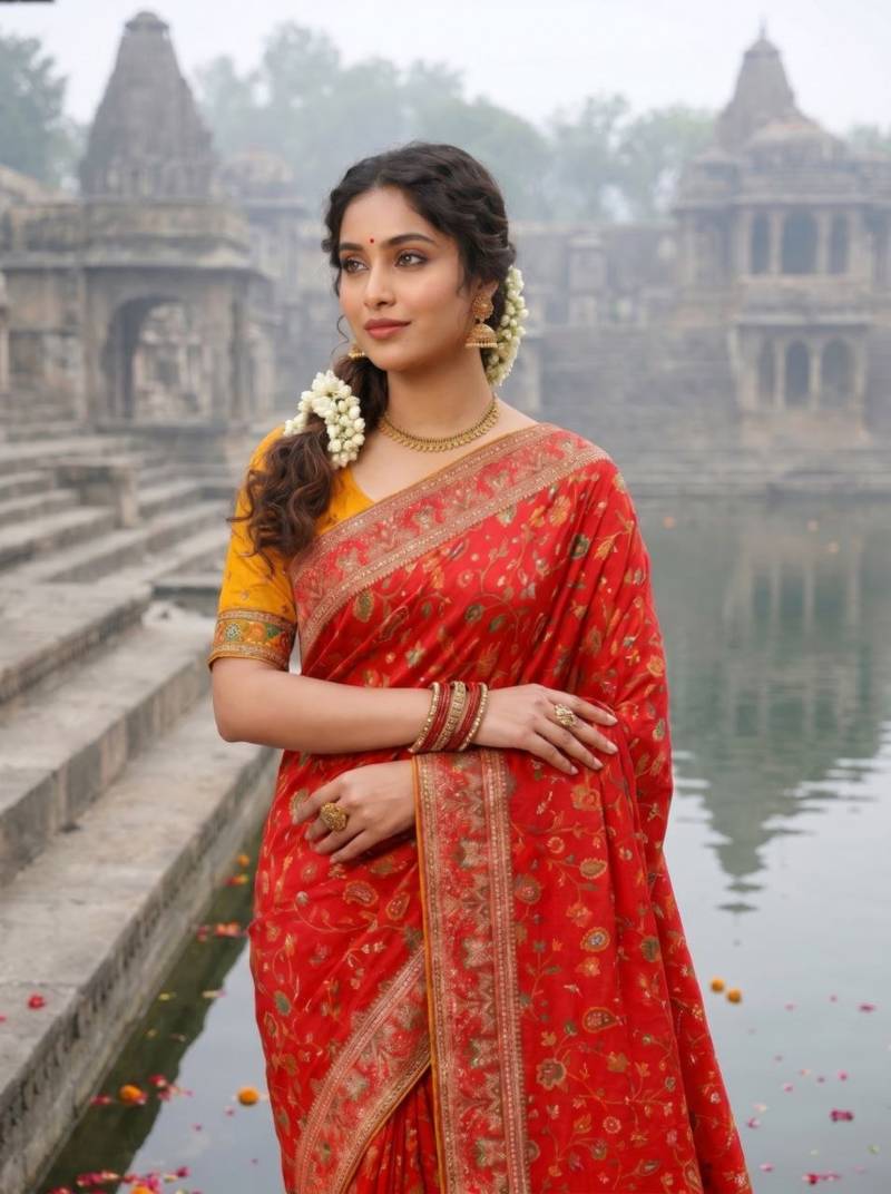 Red Color Embroidery Weaving Flower Border With Dori Piping Fitting Pashmina Silk Saree