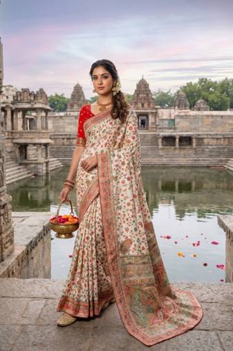 White Color Embroidery Weaving Flower Border With Dori Piping Fitting Pashmina Silk Saree