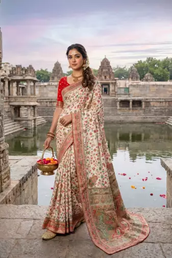 White Color Embroidery Weaving Flower Border With Dori Piping Fitting Pashmina Silk Saree