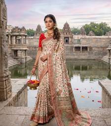 White Color Embroidery Weaving Flower Border With Dori Piping Fitting Pashmina Silk Saree