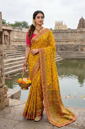 Yellow Embroidery Weaving Flower Border With Dori Piping Fitting Pashmina Silk Saree