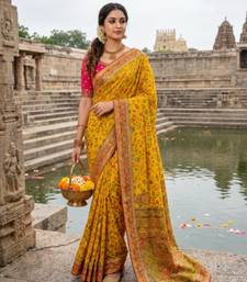Yellow Color Embroidery Weaving Flower Border With Dori Piping Fitting Pashmina Silk Saree