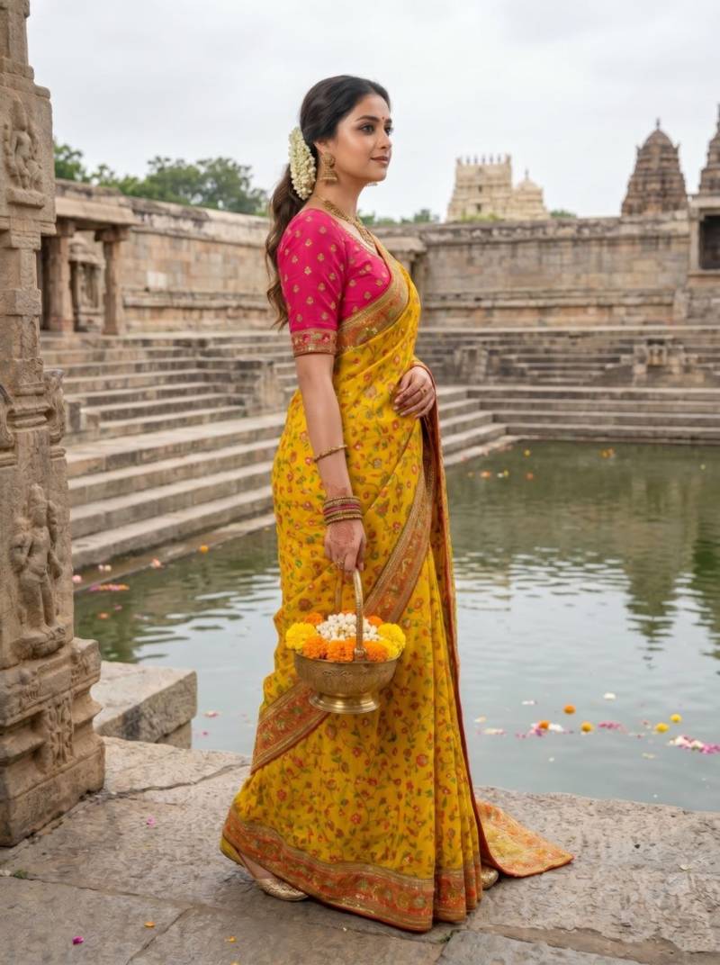 Yellow Color Embroidery Weaving Flower Border With Dori Piping Fitting Pashmina Silk Saree