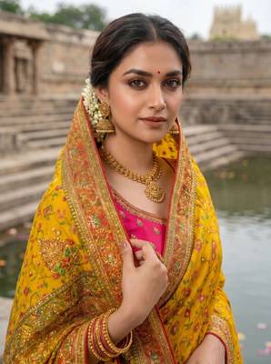 Yellow Color Embroidery Weaving Flower Border With Dori Piping Fitting Pashmina Silk Saree 3