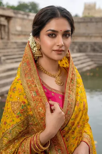 Yellow Color Embroidery Weaving Flower Border With Dori Piping Fitting Pashmina Silk Saree