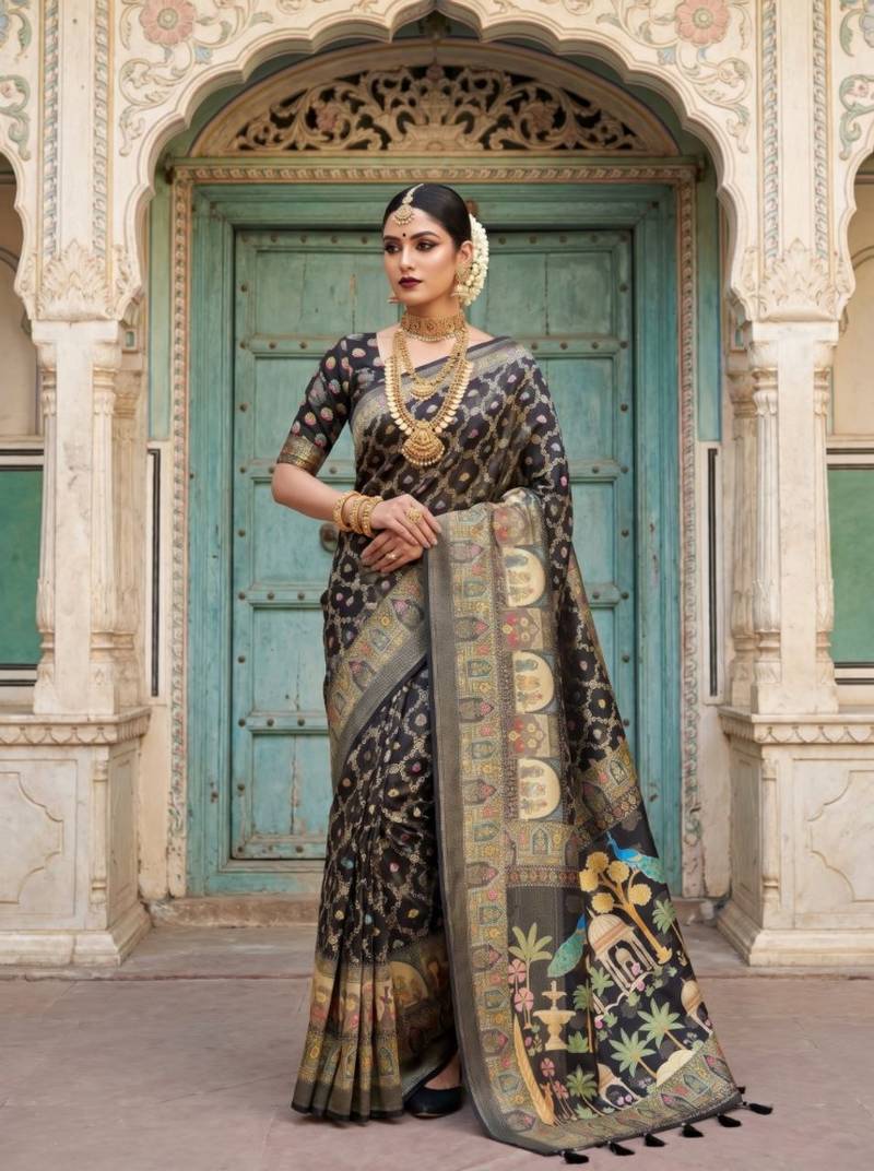 Black Color Printed Pallu With Body Print Jacquard Weaving Border Dola Silk Saree