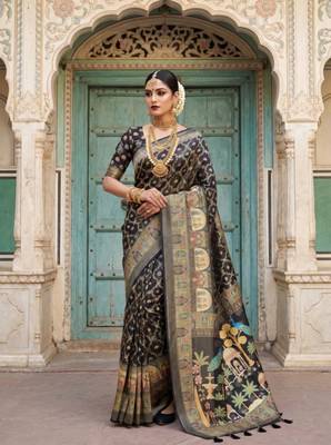 Black Color Printed Pallu With Body Print Jacquard Weaving Border Dola Silk Saree 1