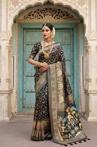 Black Color Printed Pallu With Body Print Jacquard Weaving Border Dola Silk Saree