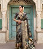 Black Color Printed Pallu With Body Print Jacquard Weaving Border Dola Silk Saree