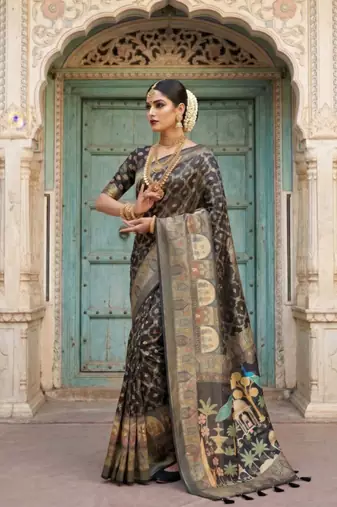 Black Color Printed Pallu With Body Print Jacquard Weaving Border Dola Silk Saree