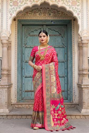 Pink Color Printed Pallu With Body Print Jacquard Weaving Border Dola Silk Saree