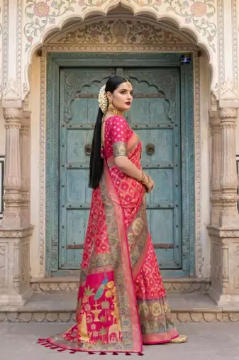 Pink Color Printed Pallu With Body Print Jacquard Weaving Border Dola Silk Saree