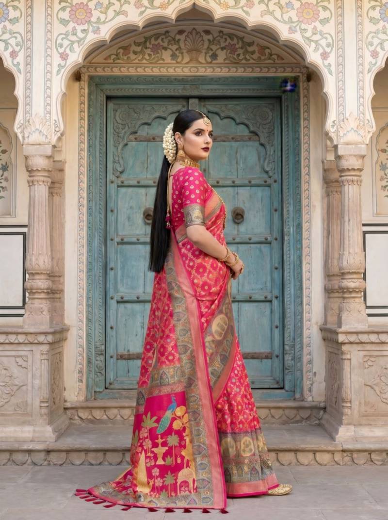 Pink Color Printed Pallu With Body Print Jacquard Weaving Border Dola Silk Saree