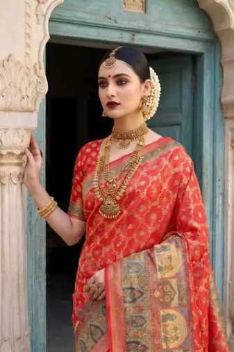 Red Color Printed Pallu With Body Print Jacquard Weaving Border Dola Silk Saree