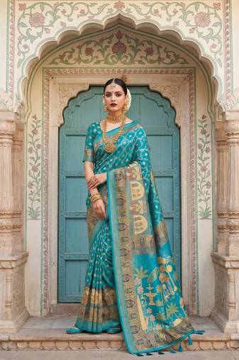 Teal Printed Pallu With Body Print Jacquard Weaving Border Dola Silk Saree