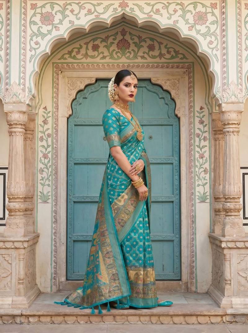 Teal Color Printed Pallu With Body Print Jacquard Weaving Border Dola Silk Saree