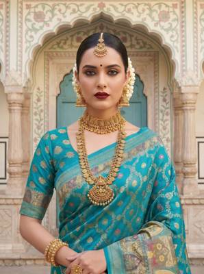 Teal Color Printed Pallu With Body Print Jacquard Weaving Border Dola Silk Saree 3
