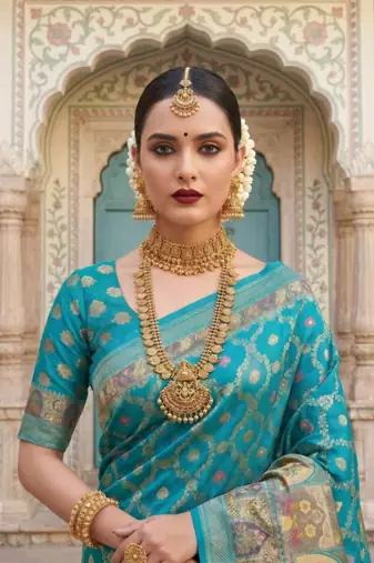 Teal Color Printed Pallu With Body Print Jacquard Weaving Border Dola Silk Saree