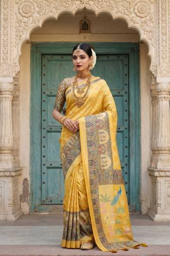 Yellow Printed Pallu With Body Print Jacquard Weaving Border Dola Silk Saree