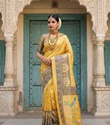 Yellow Color Printed Pallu With Body Print Jacquard Weaving Border Dola Silk Saree