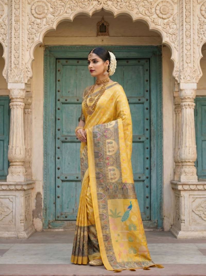 Yellow Color Printed Pallu With Body Print Jacquard Weaving Border Dola Silk Saree