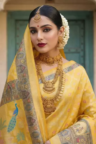 Yellow Color Printed Pallu With Body Print Jacquard Weaving Border Dola Silk Saree