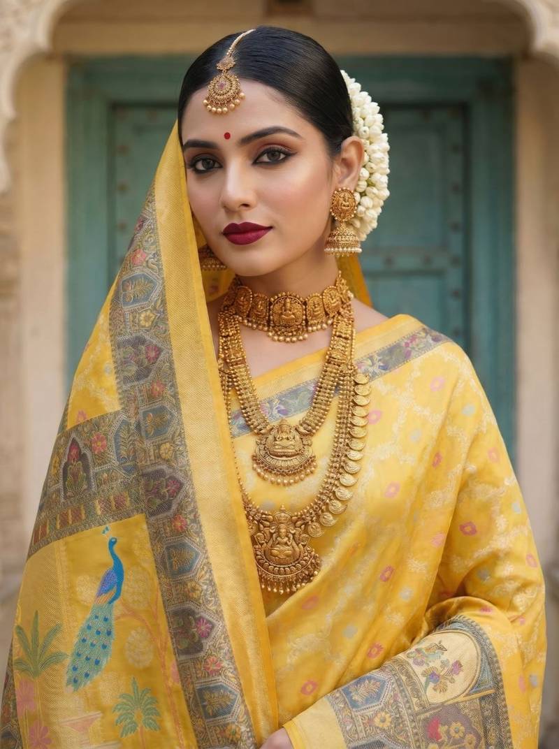 Yellow Color Printed Pallu With Body Print Jacquard Weaving Border Dola Silk Saree