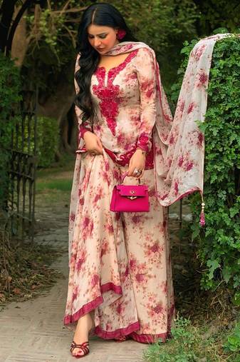 Cream embroidered faux georgette kurta palazzo set with dupatta