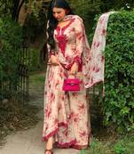 Cream embroidered faux georgette kurta palazzo set with dupatta