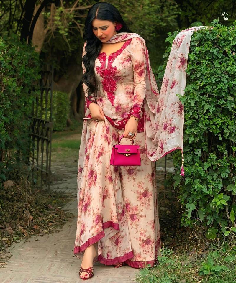 Cream embroidered faux georgette kurta palazzo set with dupatta
