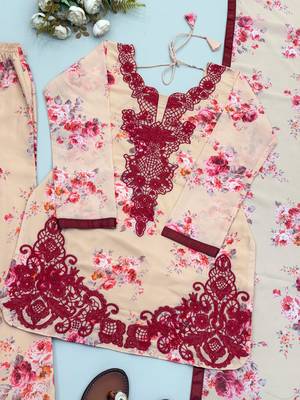 Cream embroidered faux georgette kurta palazzo set with dupatta 2