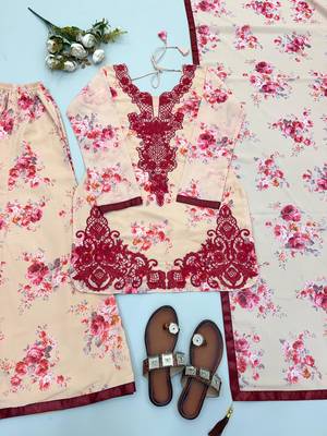 Cream embroidered faux georgette kurta palazzo set with dupatta 3
