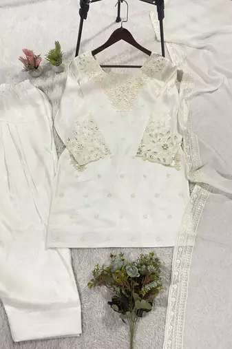 White glass roman silkblend embroidered kurta set with salwar & rangoli silkblend dupatta