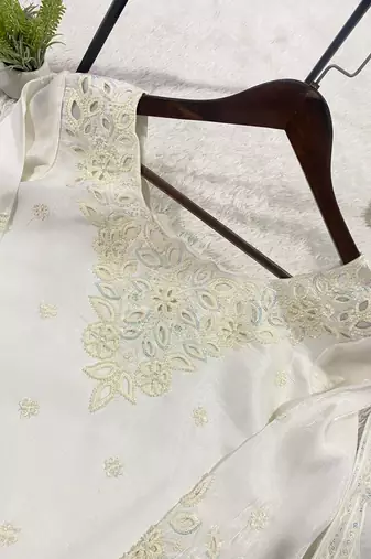 White glass roman silkblend embroidered kurta set with salwar & rangoli silkblend dupatta