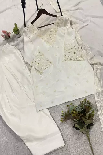 White glass roman silkblend embroidered kurta set with salwar & rangoli silkblend dupatta