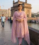 Pink chinon sequin embroidered kurta pant set with dupatta