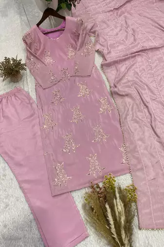 Pink chinon sequin embroidered kurta pant set with dupatta