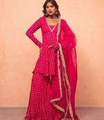 Rani pink jacquard chanderi kurta sharara set with net dupatta