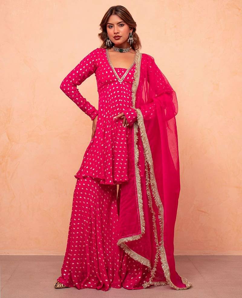 Rani pink jacquard chanderi kurta sharara set with net dupatta