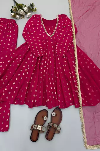 Rani pink jacquard chanderi kurta sharara set with net dupatta