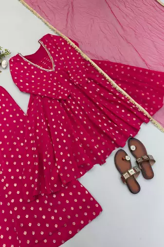 Rani pink jacquard chanderi kurta sharara set with net dupatta