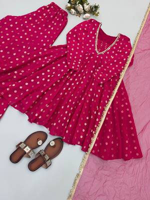 Rani pink jacquard chanderi kurta sharara set with net dupatta 4