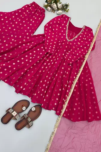 Rani pink jacquard chanderi kurta sharara set with net dupatta