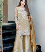 Cream pure gmy silk blend embroidered kurta set with bottom & dupatta